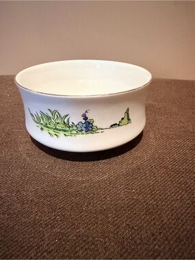 Crown Sterling White Fine Bone China Bowl with Green Grass and Blue Floral Motif